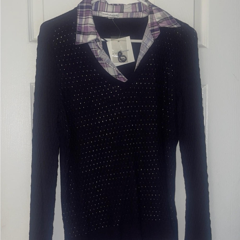 Croft & Barrow Black V-Neck Sweater with Plaid Collar